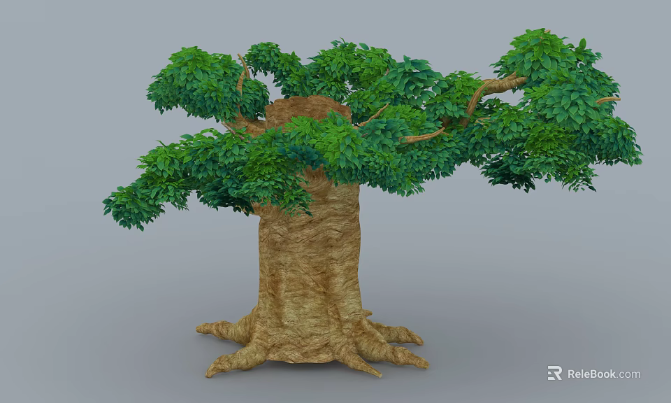 Cartoon Style Baobab Tree With Thick Trunk Green Leaves And Exposed Roots 3d model 