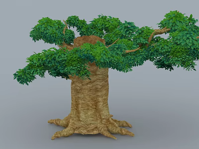 Cartoon Style Baobab Tree With Thick Trunk Green Leaves And Exposed Roots 3d model