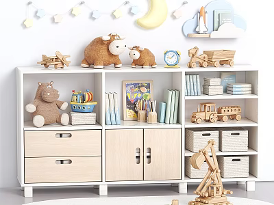 White Wooden Entryway Side Cabinet Storage Organizer With Kids Toys Books And Bins 3d model