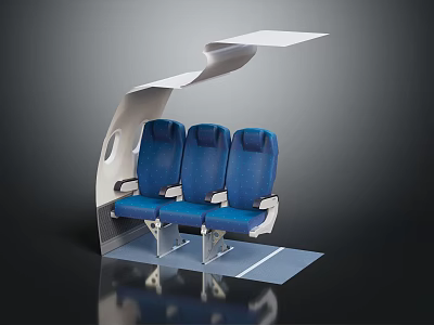 Modern Airplane Cabin Interior With Three Blue Seats And Curved Overhead Structure 3d model