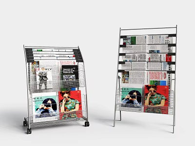 Modern Metal Magazine Racks With Multi Tiered Design Displaying Colorful Magazines 3d model