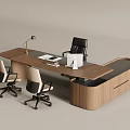 Modern Wooden Office Desk Setup With Ergonomic Chairs Computer Monitor And Desk Lamp