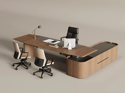 Modern Wooden Office Desk Setup With Ergonomic Chairs Computer Monitor And Desk Lamp 3d model
