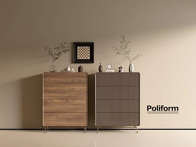 Wooden Brown And Gray Console Side Cabinet With Drawers Green Plants Decorations Wall Art Poliform 3d model