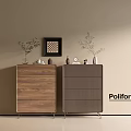 Wooden Brown And Gray Console Side Cabinet With Drawers Green Plants Decorations Wall Art Poliform