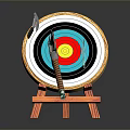 Weapons Such As Axes And Knives Embedded In Target Board With Wooden Stand
