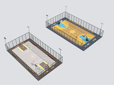 Two Basketball Courts With Different Floor Designs Lighting Systems And Surrounding Fencing 3d model