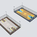 Two Basketball Courts With Different Floor Designs Lighting Systems And Surrounding Fencing