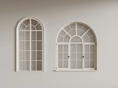 White Arched Windows With Grilles And Door On Light Gray Wall 3d model