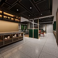 Contemporary Restaurant Interior With Green Walls Red Chairs Dining Tables And Ceiling Lights