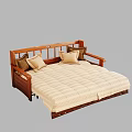 Functional Wooden Frame Sofa Bed With Beige Striped Mattress And Decorative Pillows 3d model