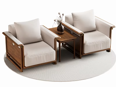 Two Single Sofas With Wooden Frame Light Cushions Small Coffee Table And Round Rug 3d model
