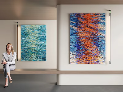 Abstract Paintings With Blue And Orange Red Tones Hanging On Wall In Modern Interior Space 3d model