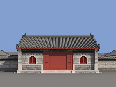 Traditional Chinese Ancient Architecture With Red Door Gray Tiled Roof Brick Walls And Circular Windows 3d model