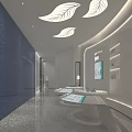 Modern Retail Space Interior With Blue Walls Leaf Shaped Lights And White Display Counters