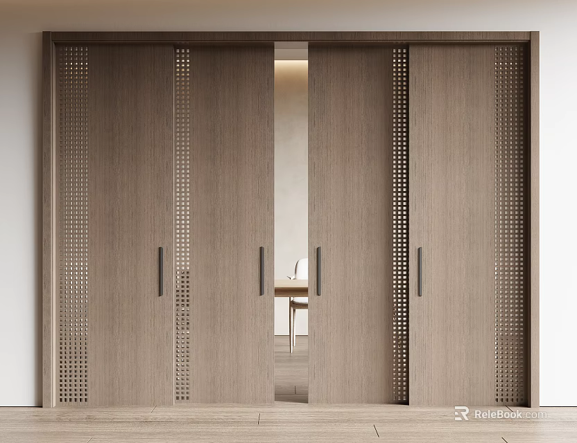 Modern Wooden Sliding Doors With Perforated Panels And Glass Insert In Bright Interior 3d model 