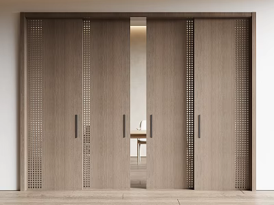 Modern Wooden Sliding Doors With Perforated Panels And Glass Insert In Bright Interior 3d model
