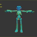 Turquoise Robot Character With Orange Details Red Feet Standing Arms Outstretched 3D Model Pose