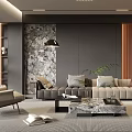 Modern Living Room Interior With Gray Walls Decorative Wallpaper Beige Sofa And Marble Coffee Table
