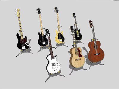 Various Musical Instruments Including Guitars And Bass On Stands With Different Colors 3d model