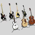 Various Musical Instruments Including Guitars And Bass On Stands With Different Colors