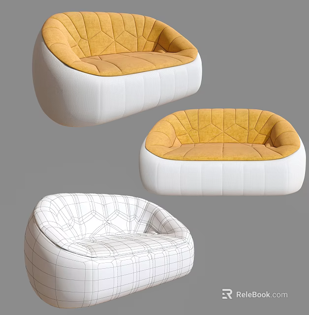 Double Sofa Design With Yellow Cushion White Frame And Wireframe Model 3d model 