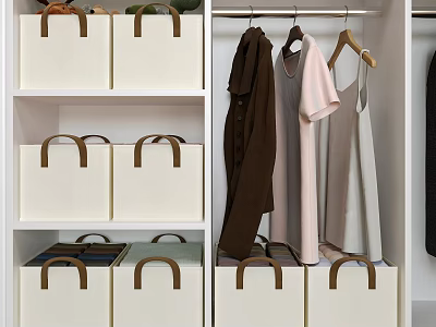 White Storage Baskets With Brown Handles On Closet Shelves For Clothes Organization 3d model