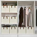 White Storage Baskets With Brown Handles On Closet Shelves For Clothes Organization