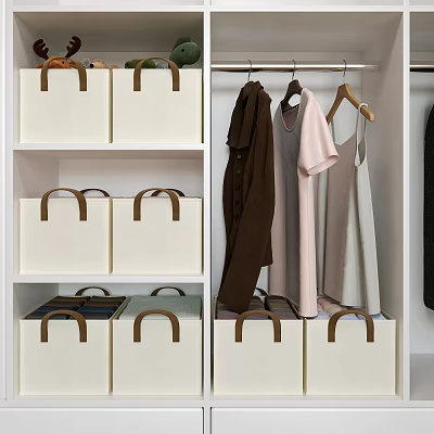 White Storage Baskets With Brown Handles On Closet Shelves For Clothes Organization 3d model