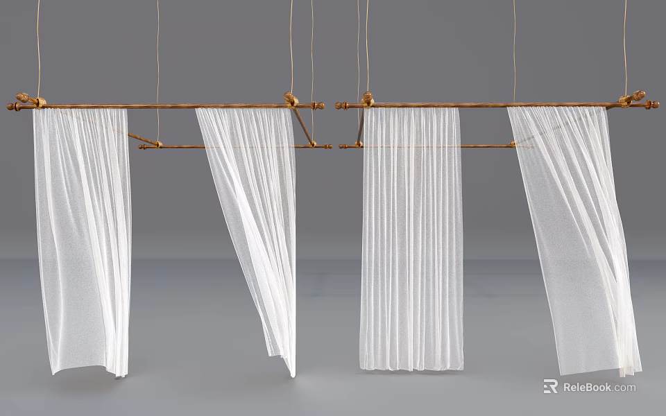 White Sheer Curtains Hanging On Wooden Rod With Multiple Panels 3d model 