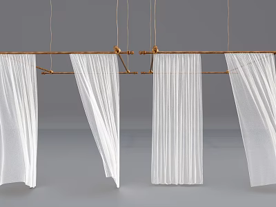 White Sheer Curtains Hanging On Wooden Rod With Multiple Panels 3d model