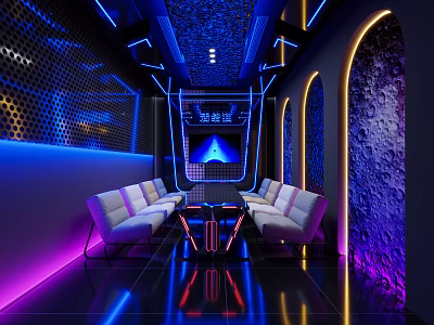 Futuristic Modern Lounge Interior with Neon Lights White Sofa Textured Walls and Ceiling Design 3d model
