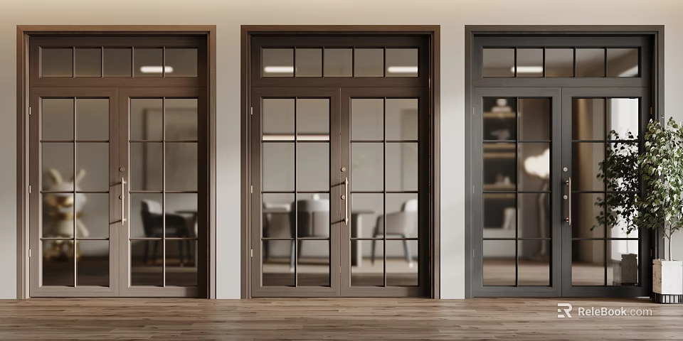 Modern Double Doors With Glass Panels In Different Colors For Interior Design 3d model 