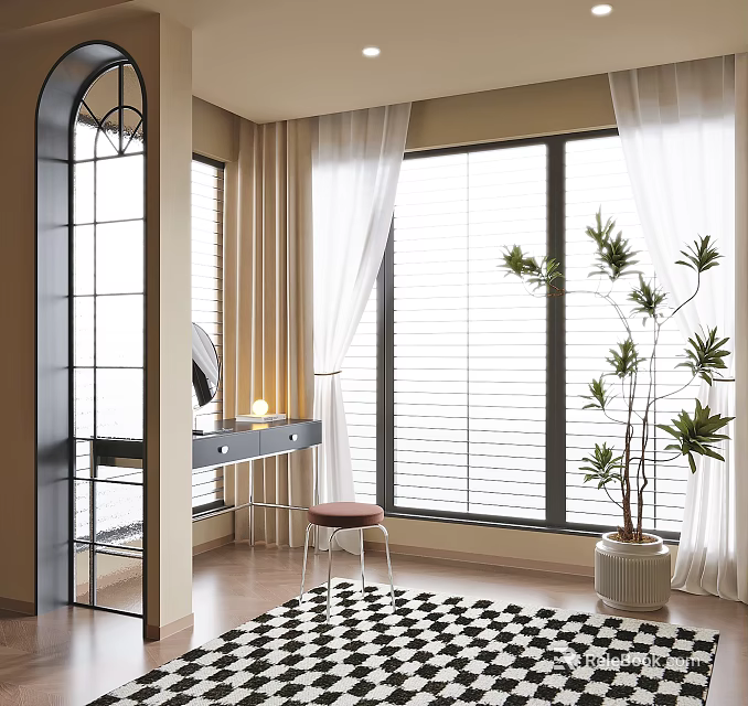 Modern Dressing Table with Mirror Table Lamp Stool by Window Blinds Curtains and Potted Plant 3d model 