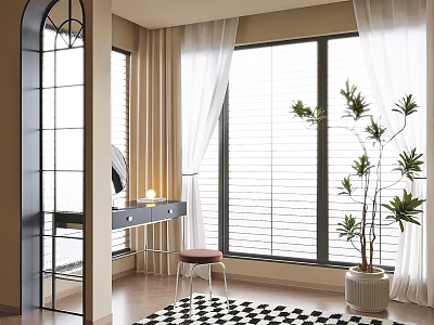 Modern Dressing Table with Mirror Table Lamp Stool by Window Blinds Curtains and Potted Plant 3d model