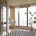 Modern Dressing Table with Mirror Table Lamp Stool by Window Blinds Curtains and Potted Plant