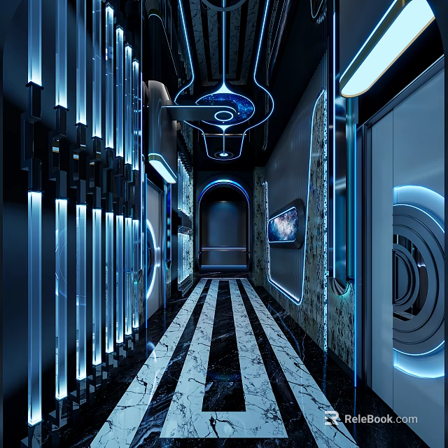 Futuristic KTV Corridor With Blue Lighting And Tech Decor 3d model 