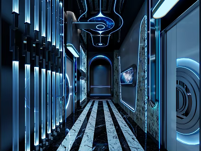 Futuristic KTV Corridor With Blue Lighting And Tech Decor 3d model