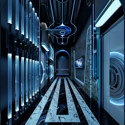 Futuristic KTV Corridor With Blue Lighting And Tech Decor 3d model
