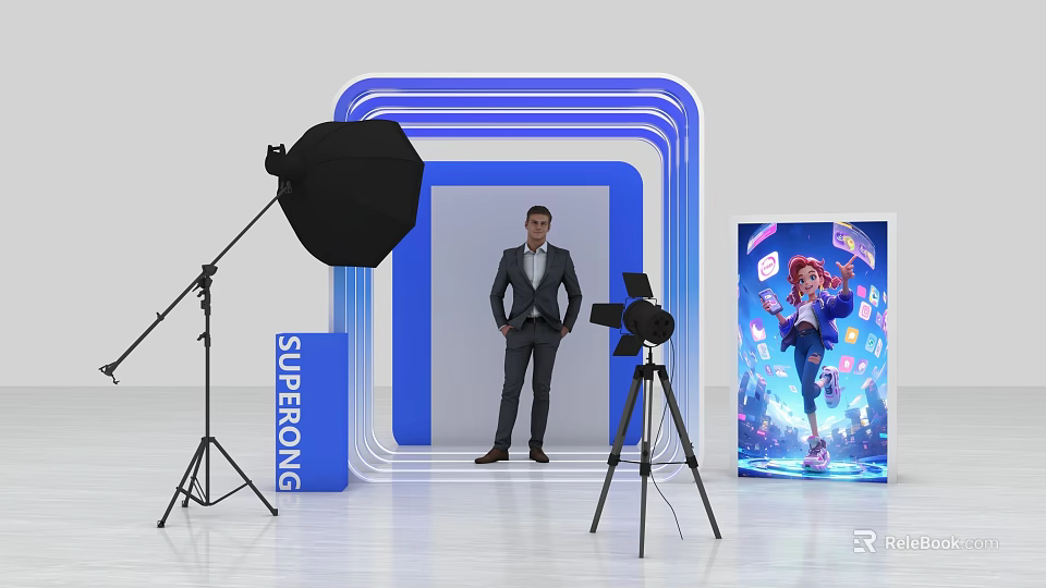 Interactive Zone Setup With Blue Frame Man Standing Photography Equipment And Display Screen 3d model 