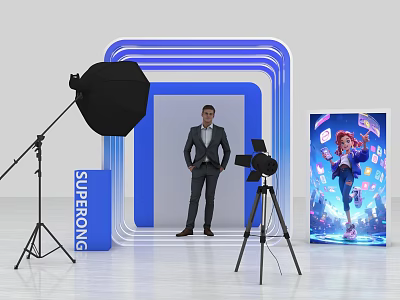 Interactive Zone Setup With Blue Frame Man Standing Photography Equipment And Display Screen 3d model