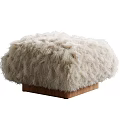 Soft Fluffy Cream Faux Fur Ottoman with Wooden Base for Living Room Decor