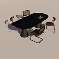 Modern Oval Black Wooden Dining Table Set With Four Brown Metal Frame Chairs
