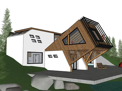 Modern Detached Villa With Unique Wooden Architectural Design White Exterior And Natural Surroundings 3d model