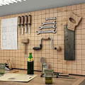 Functional Workbench with Tools on Wall Wooden Planks and Drawings on Tabletop 3d model