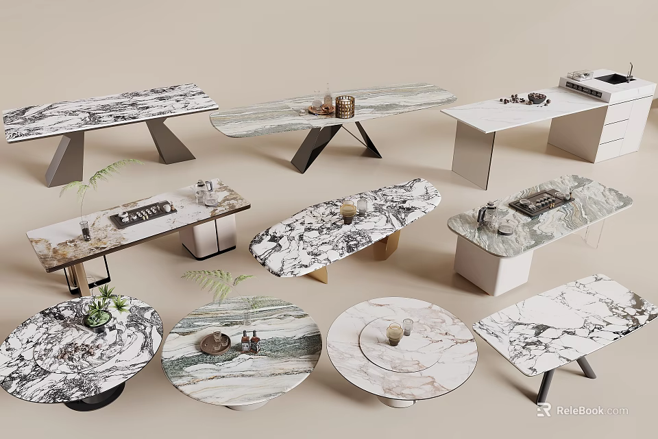 Assorted Modern Marble Dining Table Collection Featuring Rectangular Round And Oval Shapes With Metal Bases 3d model