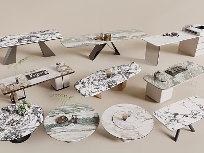 Assorted Modern Marble Dining Table Collection Featuring Rectangular Round And Oval Shapes With Metal Bases 3d model