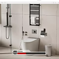 Modern Bathroom Toilet With Light Tile Walls Toilet Paper Holder Towel Rack And Trash Bin
