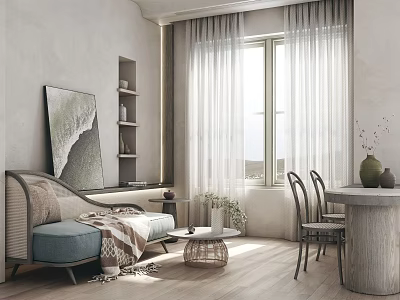 Modern Bright Living Room with Abstract Painting Light Blue Sofa and Round Dining Table 3d model