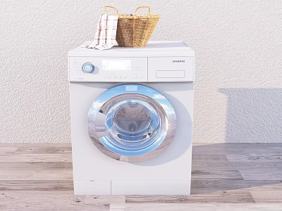 White Washing Machine with Wicker Basket and Checkered Towel on Top on Wooden Floor 3d model